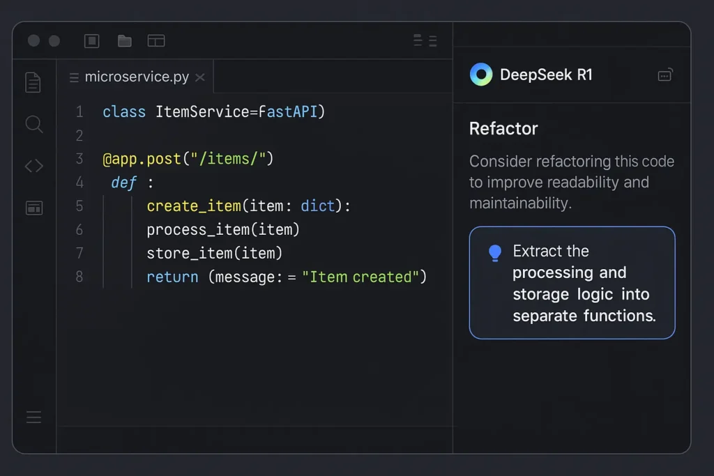 Asistente DeepSeek R1 proponiendo refactor de microservicio