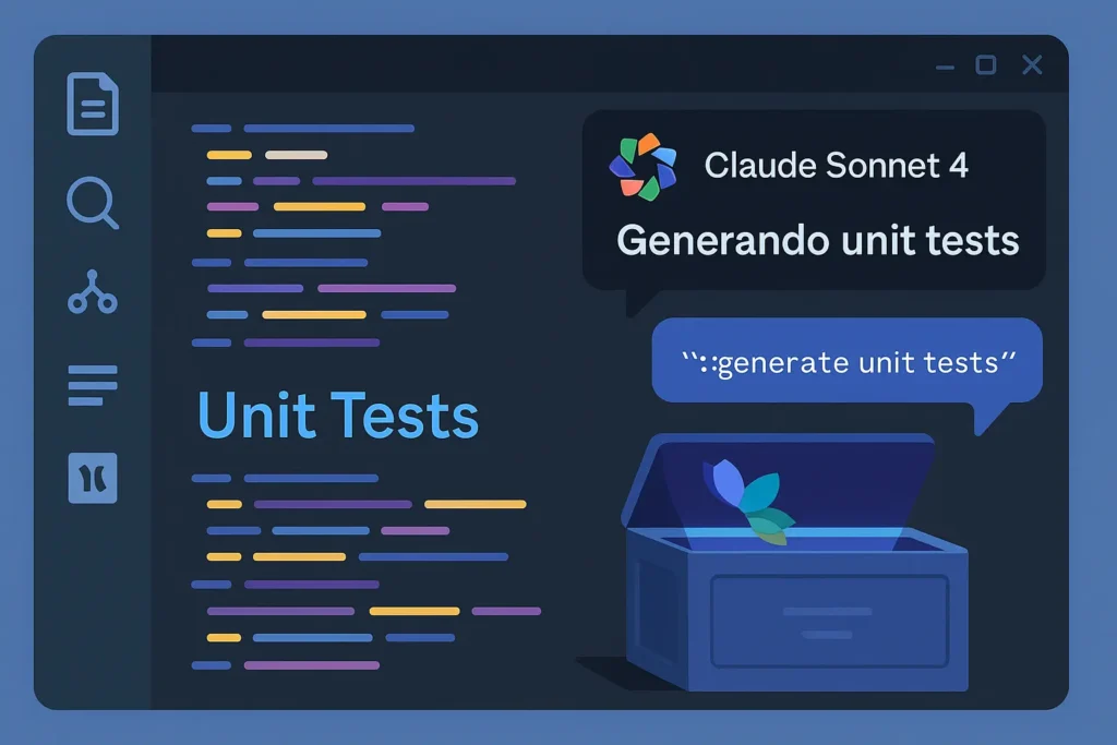 Interfaz de IDE con Anthropic Claude Sonnet 4 generando pruebas unitarias