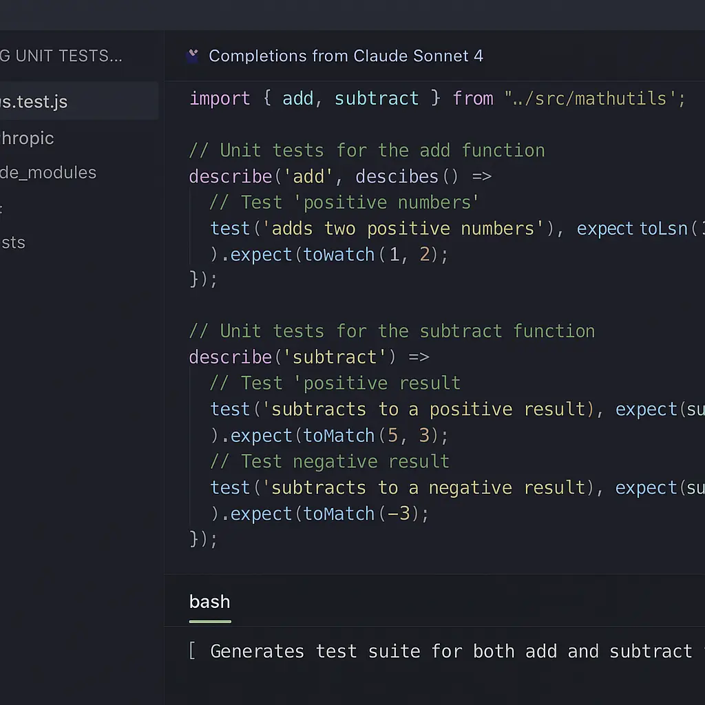 Interfaz de IDE con Anthropic Claude Sonnet 4 generando pruebas unitarias